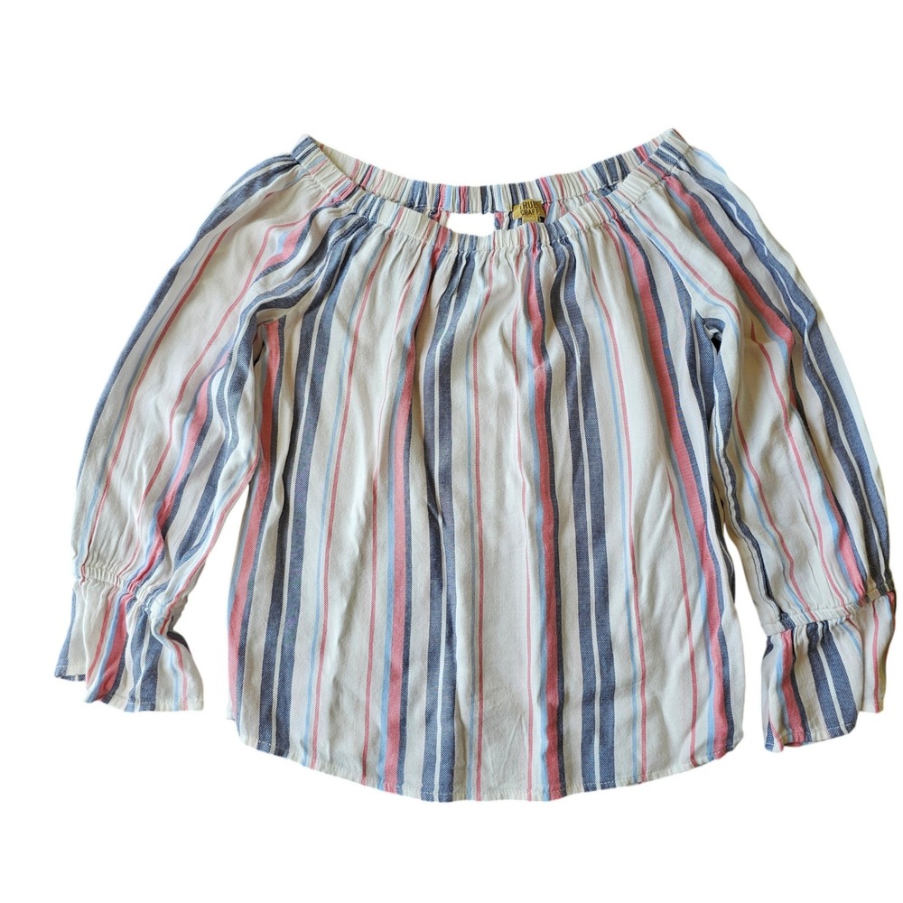True Craft Womens XS Off Shoulder Striped Blouse Red Blue White Ruffle Sleeve